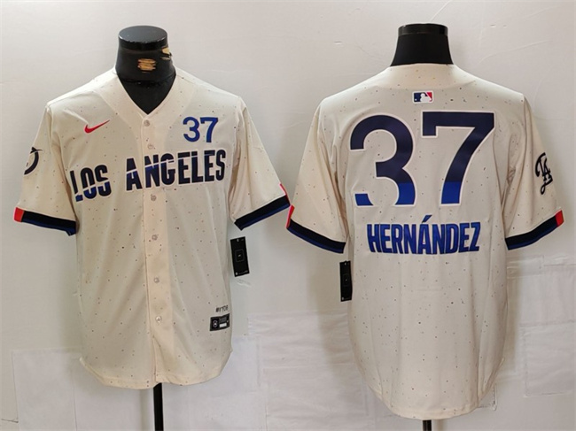 Men's Los Angeles Dodgers #37 Teoscar Hernández Cream 2024 City Connect Limited Stitched Baseball Jersey Men's Los Angeles Dodgers #37 Teoscar Hernández Cream 2024 City Connect Limited Stitched Baseball Jersey